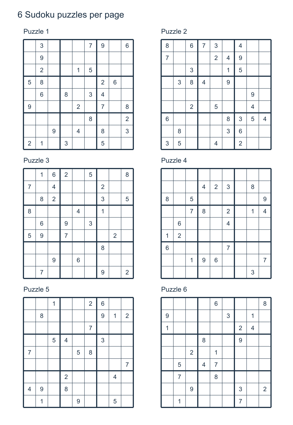 6 different 9 by 9 Sudoku puzzles arranged on one printable page.