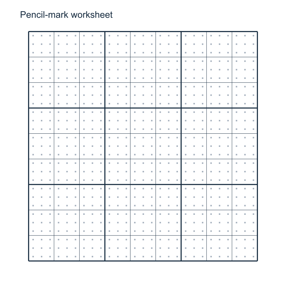 Blank Sudoku worksheet with nine subtle pencil-mark guide dots inside each cell.