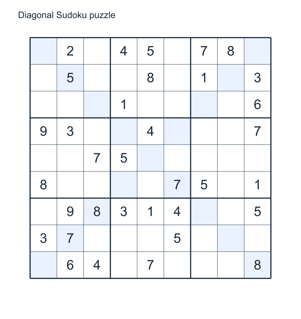 A Sudoku X puzzle with shaded diagonals and a matching answer.