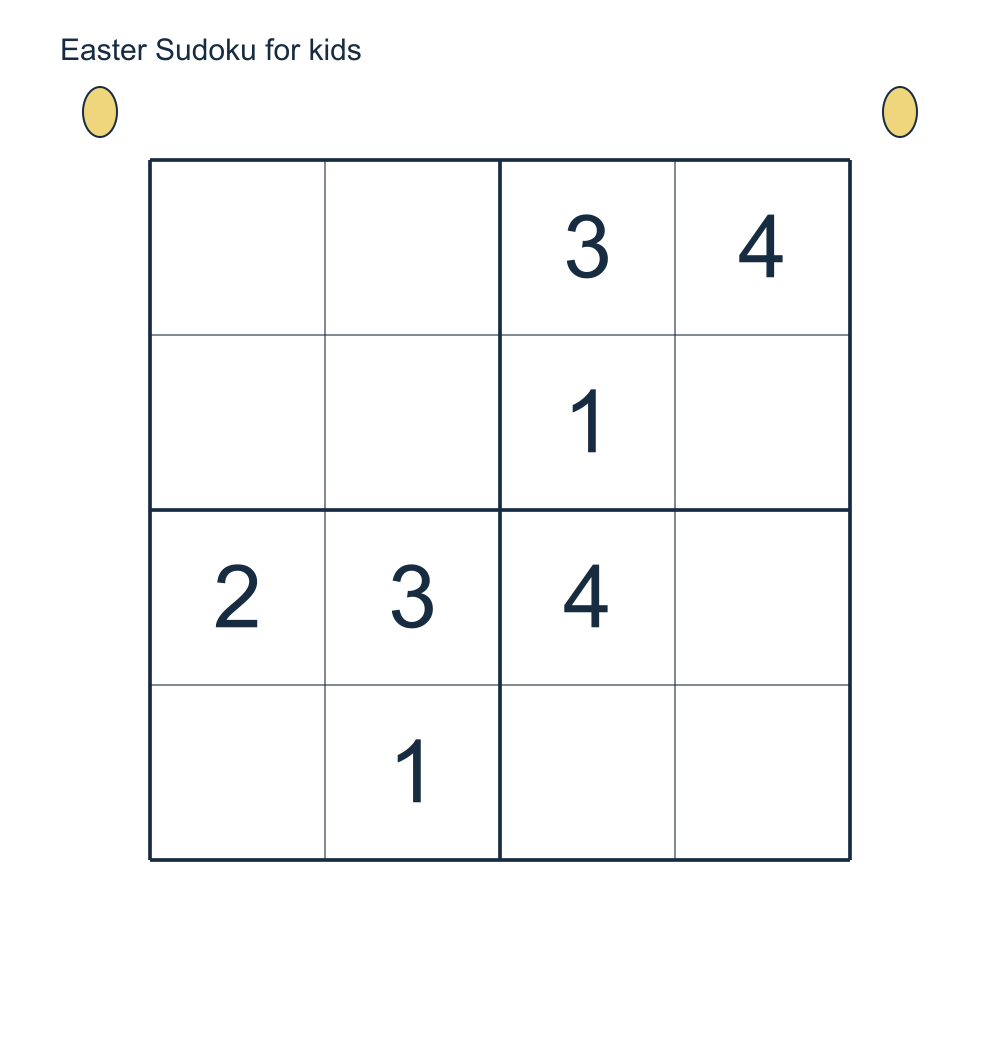 A Easter 4 by 4 Sudoku worksheet with a matching answer and small decorations outside the grid.