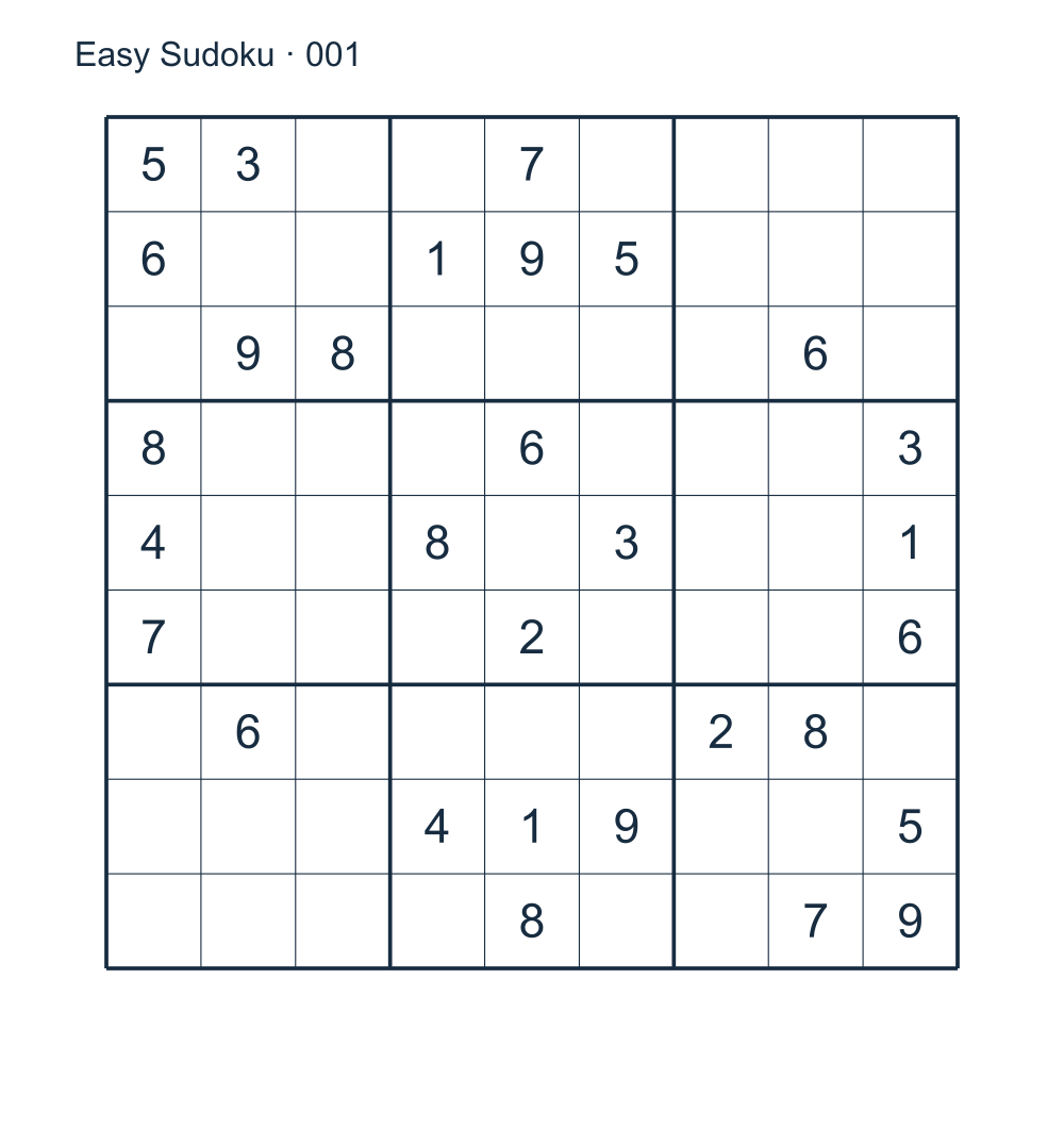 An easy 9 by 9 Sudoku puzzle with 30 givens and space for answers.