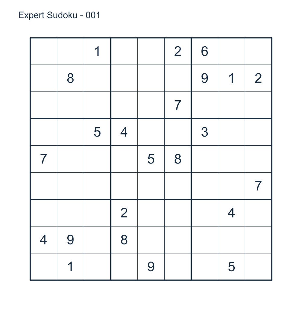 Expert 9 by 9 Sudoku puzzle 001 with a matching answer.