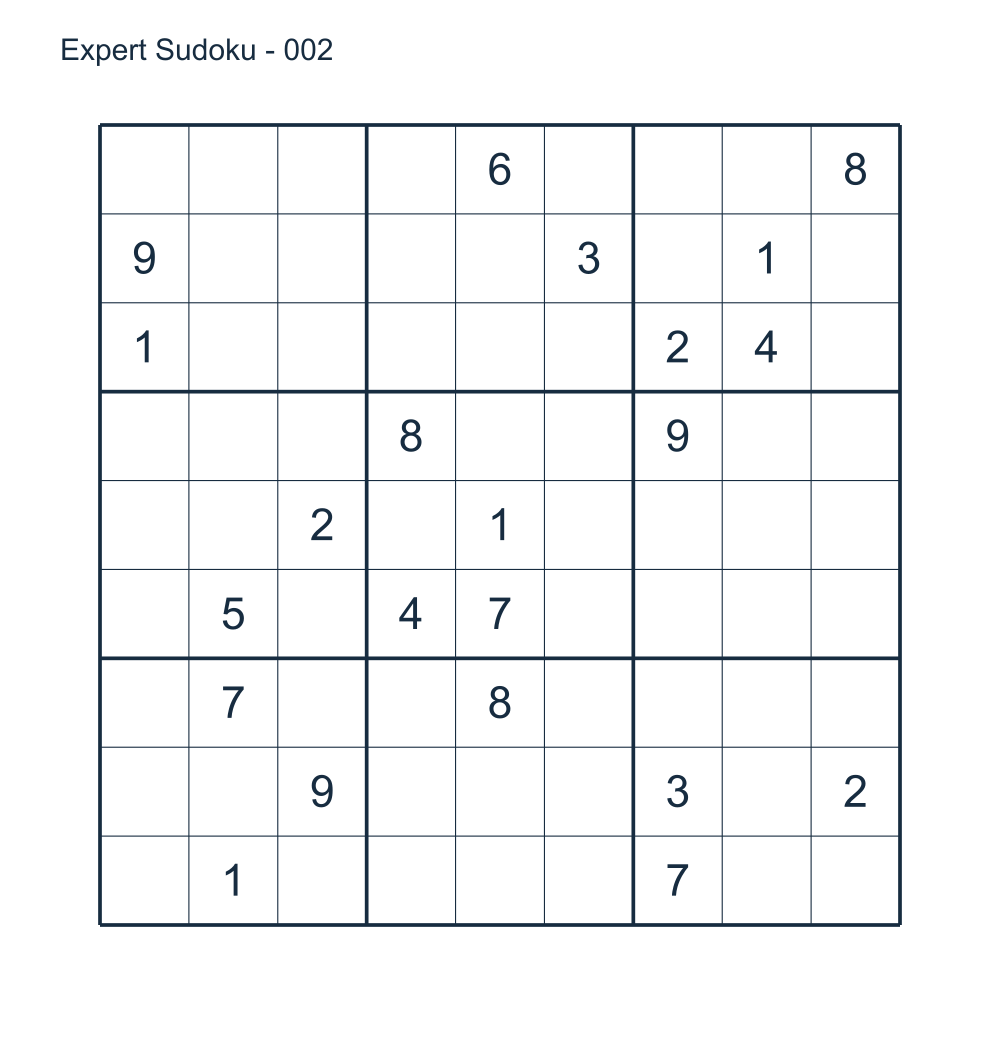 Expert 9 by 9 Sudoku puzzle 002 with a matching answer.