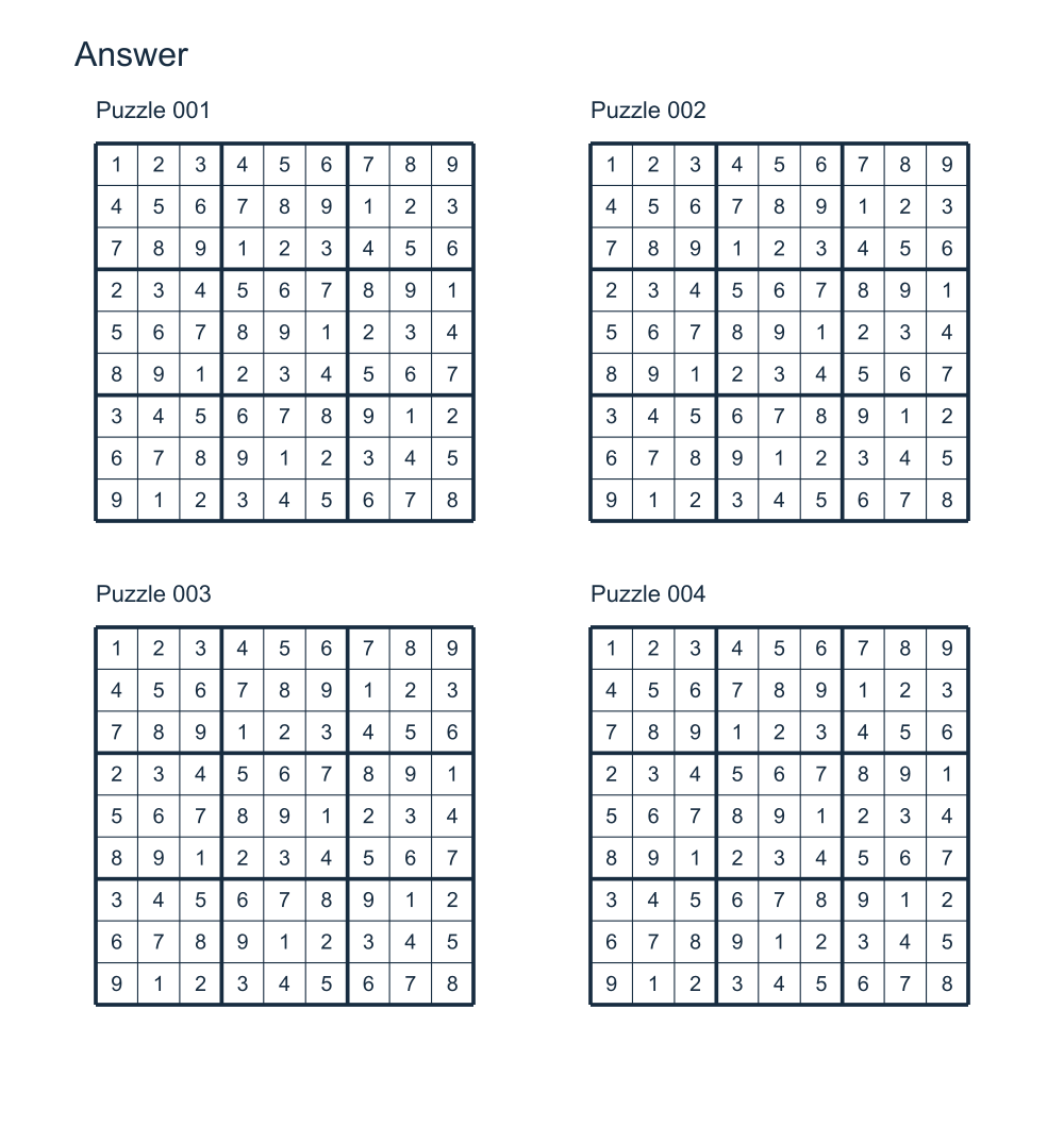 Answer to Four printable Sudoku puzzles per page.