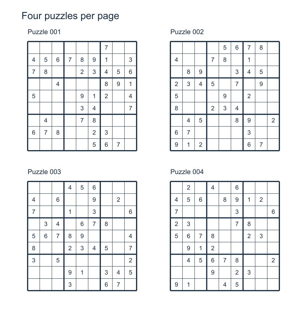 Four uniquely solvable Sudoku grids arranged two by two on a printable worksheet.
