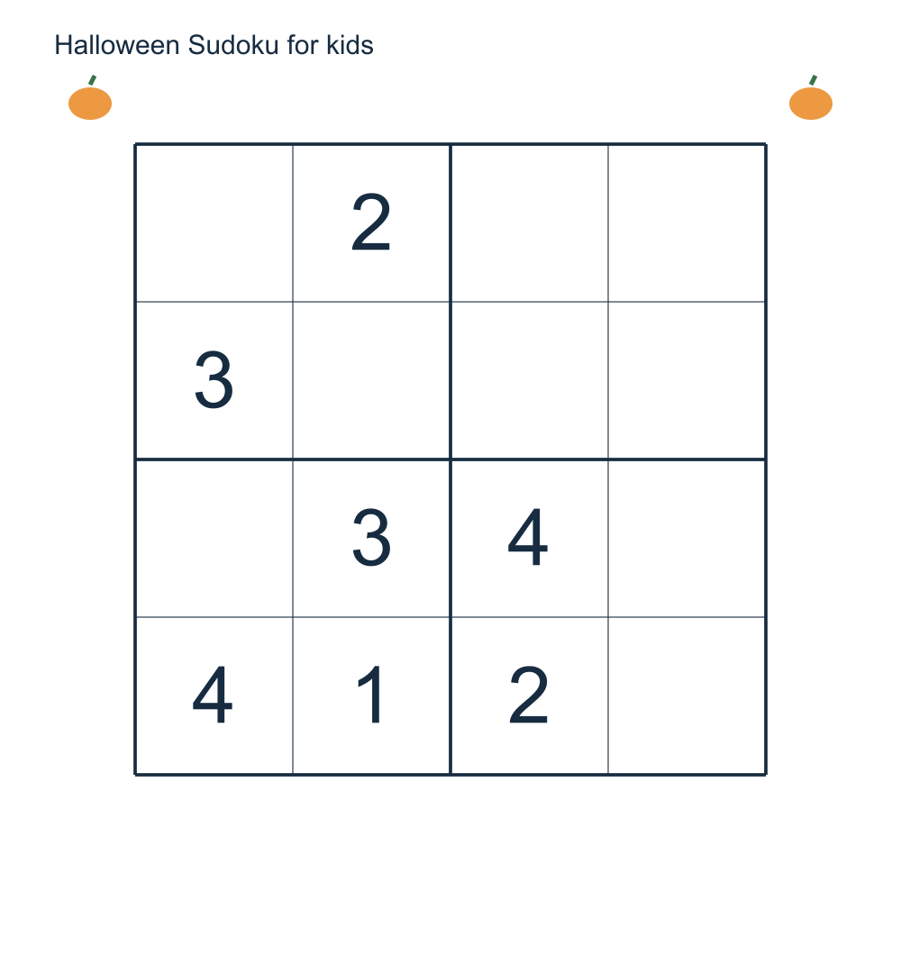A Halloween 4 by 4 Sudoku worksheet with a matching answer and small decorations outside the grid.