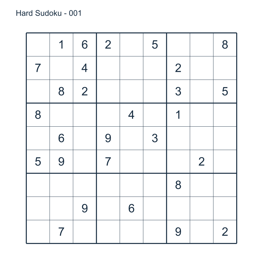 Hard 9 by 9 Sudoku puzzle 001 with a matching answer.