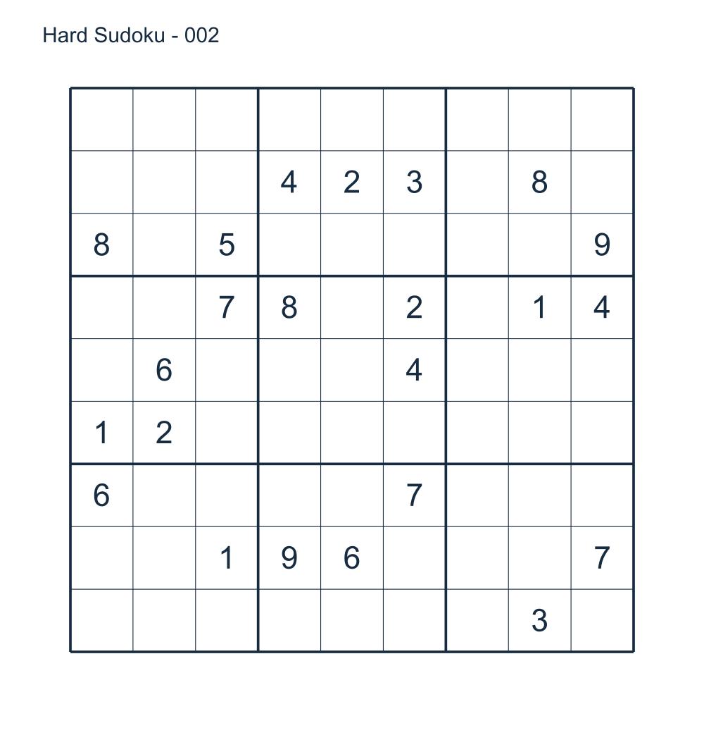 Hard 9 by 9 Sudoku puzzle 002 with a matching answer.