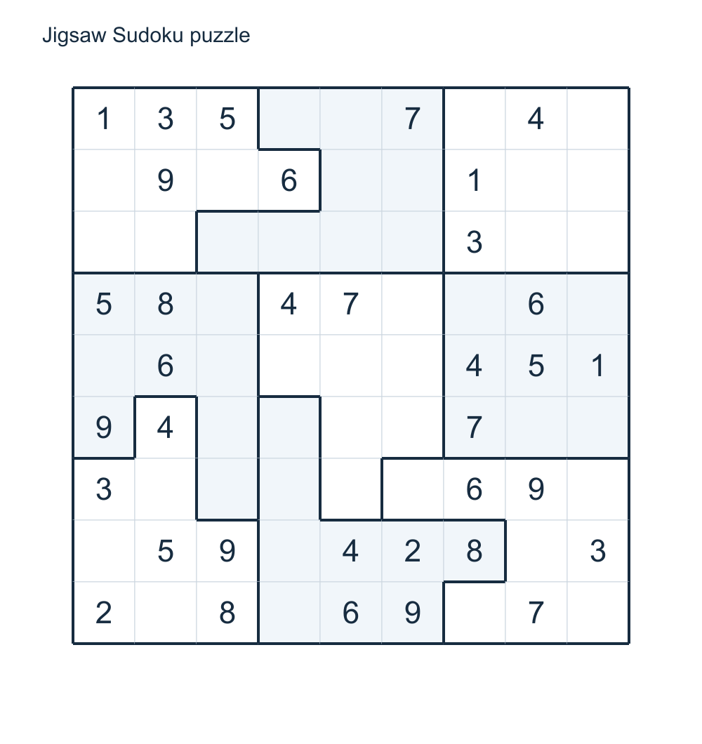 An irregular Sudoku worksheet with nine connected regions and a matching answer.