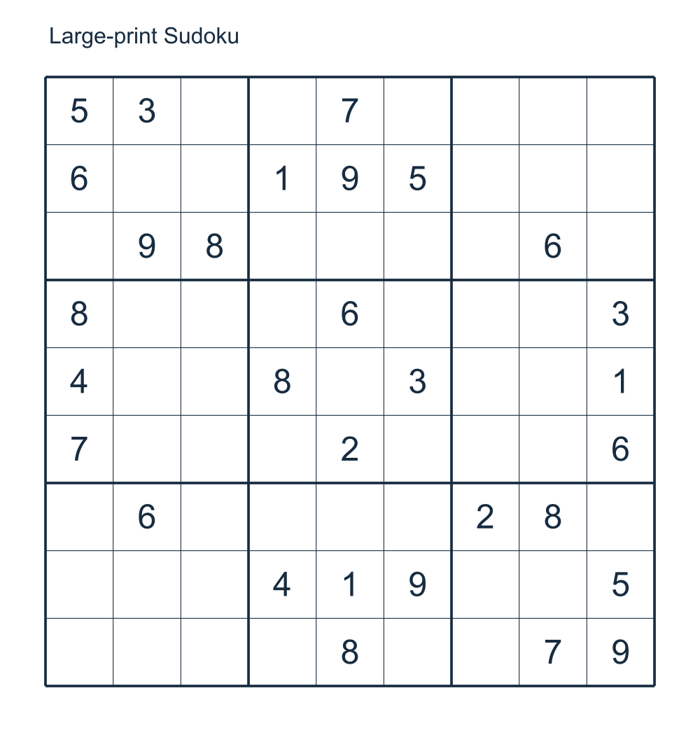Large-print Sudoku with oversized digits and one 9 by 9 grid per sheet.