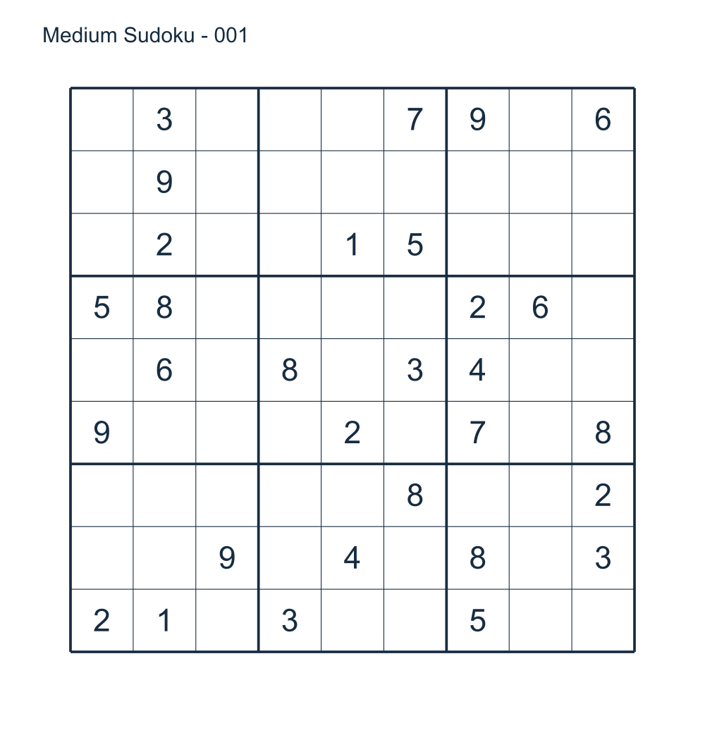 Medium 9 by 9 Sudoku puzzle 001 with a matching answer.
