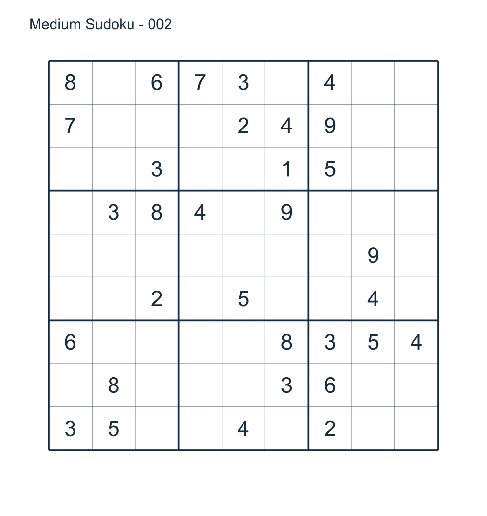 Medium 9 by 9 Sudoku puzzle 002 with a matching answer.