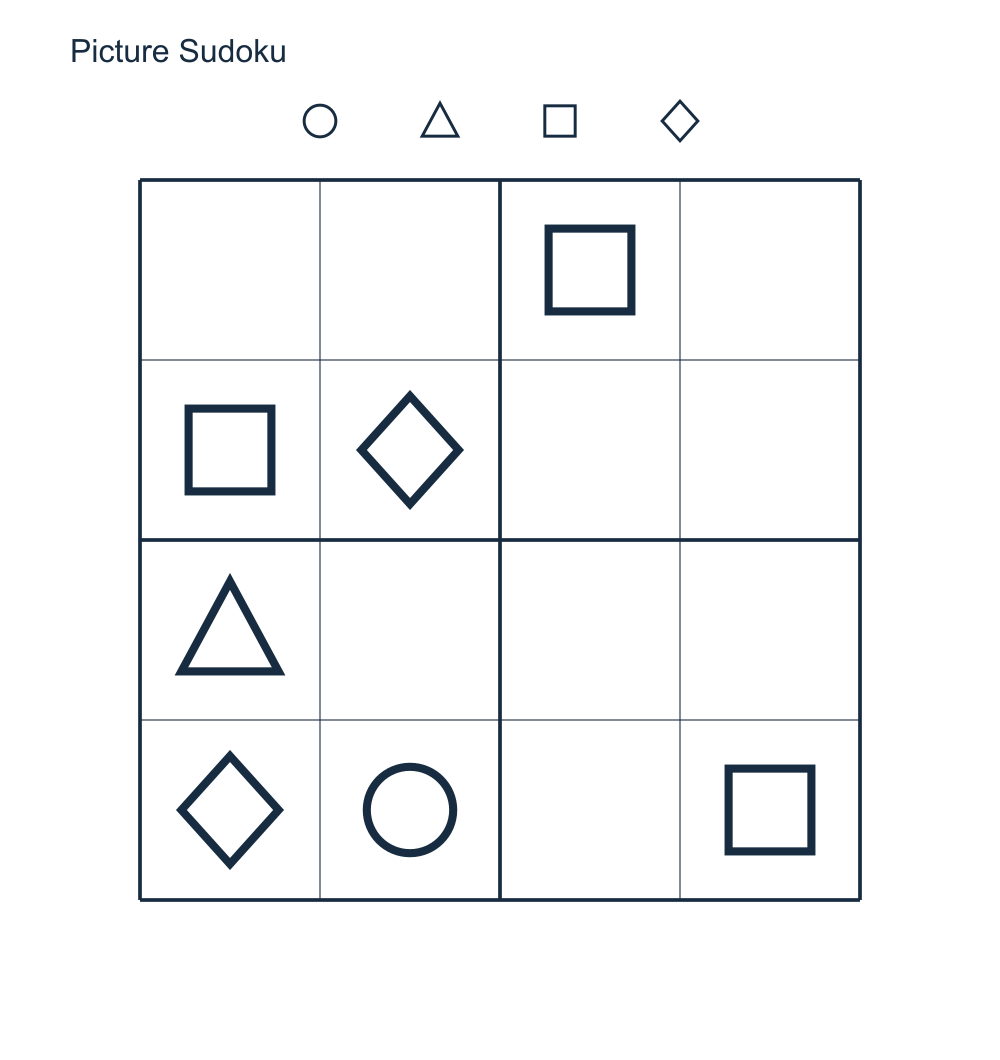 A 4 by 4 picture Sudoku using circles, triangles, squares and diamonds.