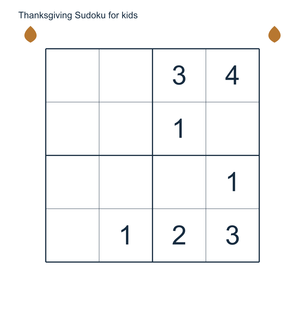A Thanksgiving 4 by 4 Sudoku worksheet with a matching answer and small decorations outside the grid.