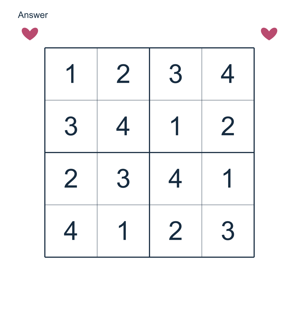 Answer to Valentine Sudoku for kids.