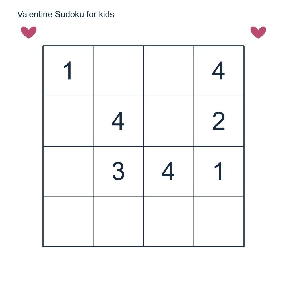 A Valentine 4 by 4 Sudoku worksheet with a matching answer and small decorations outside the grid.